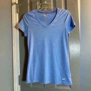 Womens Nike Dri Fit blue v neck short sleeve top logo on front bottom women’s XS